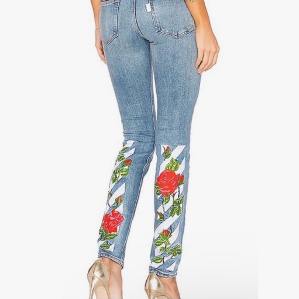 Off-White Blue Jeans with Red Rose Design